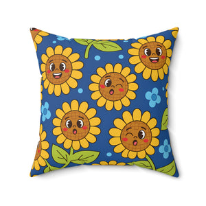 Sunny Smiles Decorative Pillow — Cute Cartoon Sunflower Throw Pillow