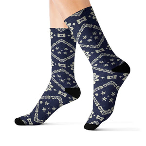 Navy Ikat Floral Sublimation Socks — Patterned Crew Socks