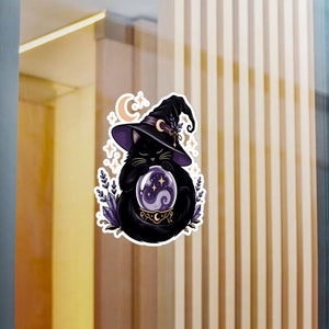 Mystical witch cat crystal ball kiss-cut vinyl decal - home decor decals