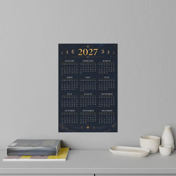 Moon phase 2027 calendar wall decal by DipaliZ in navy with gold-tone lunar discs