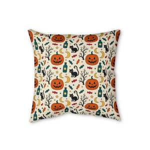 Halloween pumpkin and black cat faux linen throw pillow by DipaliZ