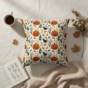 Halloween pumpkin and black cat artwork printed on a DipaliZ faux linen throw pillow