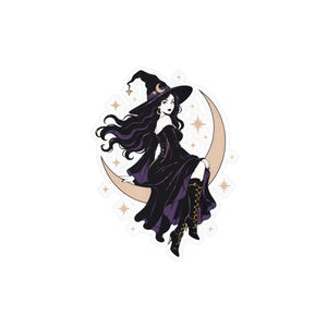 Mystical witch on crescent moon kiss-cut vinyl decal - home decor decals