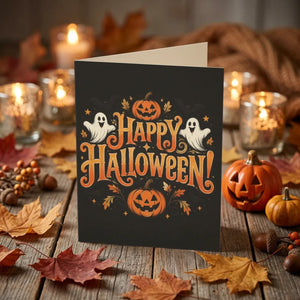 Happy halloween greeting card with ghosts and pumpkins - cards