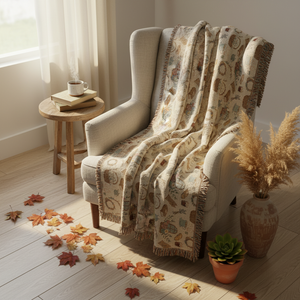 A cream-colored throw blanket with a pattern of vintage silver spoons, draped over a brown upholstered armchair on a white background.