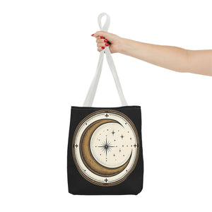 Celestial Crescent Moon Tote Bag – Vintage Starry Night AOP Canvas