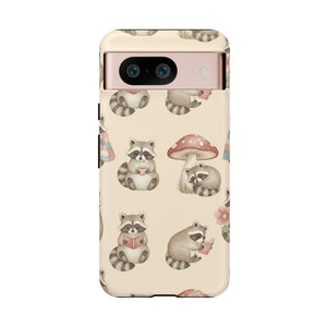 Cute Raccoon Pattern Phone Case – Beige Mushroom & Floral Tough Cases
