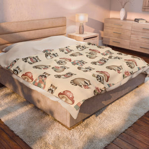 Velveteen Plush Blanket — Cozy Woodland Raccoon & Mushroom Throw