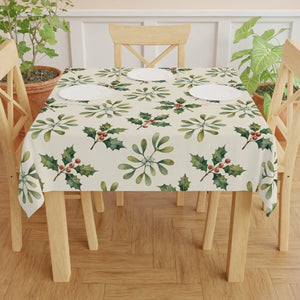 Holly & Mistletoe Tablecloth — Festive Christmas Holiday Dining Decor