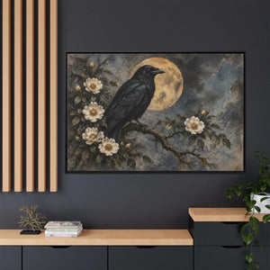 Framed canvas wall art – gothic raven and moon floral painting - printable