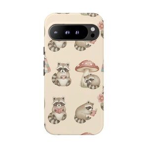Cute Raccoon Pattern Phone Case – Beige Mushroom & Floral Tough Cases