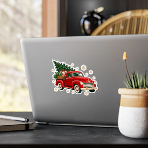 Vintage red christmas truck kiss-cut vinyl decal - home decor decals