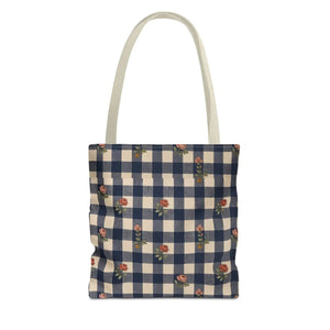 Gingham Rose Tote Bag — Vintage Navy Check Floral All-Over Print Tote