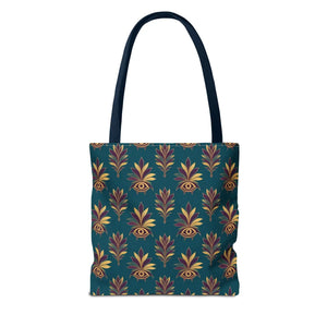 Evil Eye Floral Tote Bag – Boho Teal Printed Everyday Shopper