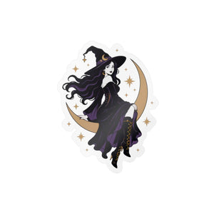 Mystical witch on crescent moon kiss-cut vinyl decal - home decor decals