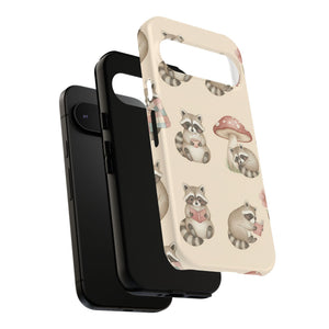 Cute Raccoon Pattern Phone Case – Beige Mushroom & Floral Tough Cases