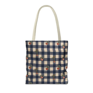 Gingham Rose Tote Bag — Vintage Navy Check Floral All-Over Print Tote