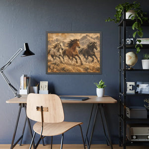 Framed paper poster – wild horses running through mountain landscape - posters
