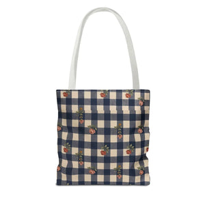 Gingham Rose Tote Bag — Vintage Navy Check Floral All-Over Print Tote