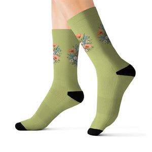 Floral Bouquet Sublimation Socks — Green Vintage Flower Crew Socks