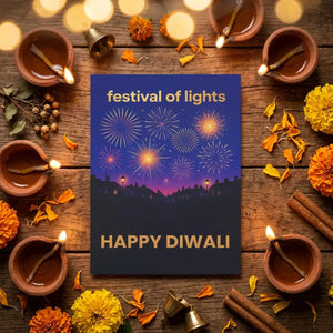Personalized happy diwali greeting card, festival of lights fireworks design - cards