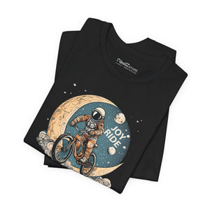 An astronaut on Moon riding a bicycle, Unisex Jersey Short Sleeve Tee