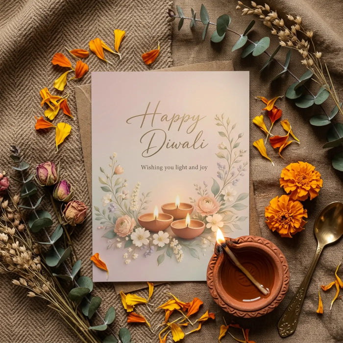 Happy diwali greeting card with floral diyas – festival of lights wishes - cards