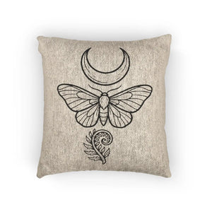 Boho crescent moon and moth artwork on a DipaliZ woven pillow