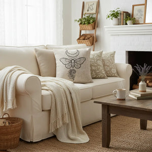 Woven Moth Pillow — Boho Crescent Moon Decorative Throw Pillow