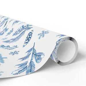 Winter Blue Feather Wrapping Paper Roll — Elegant Feather & Pinecone Gift Wrap