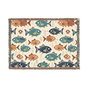 Fish Pattern Woven Blanket – Nautical Coastal Throw with Colorful School of Fish Design
