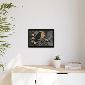 Framed canvas wall art – gothic raven and moon floral painting - printable