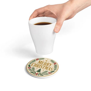 Merry Christmas Ceramic Coaster — Festive Holiday Drink Coaster with Pine & Holly Design