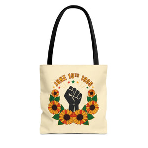 Juneteenth celebration tote bag – ’june 19th 1865’ sunflower & black power fist aop - bags