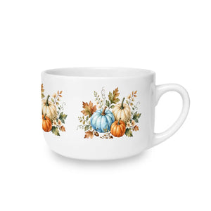 Large white ceramic mug with fall floral artwork