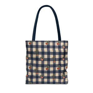 Gingham Rose Tote Bag — Vintage Navy Check Floral All-Over Print Tote