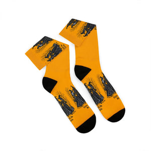 Witches Graphic Socks — Yellow Sublimation Crew Socks with “Girls will be girls” Design
