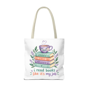 Book Lover Tote Bag — “I Read Books Like It’s My Job” Illustrated Stack & Tea
