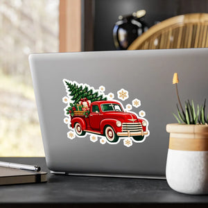 Vintage red christmas truck kiss-cut vinyl decal - home decor decals