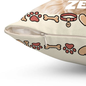 Personalized Dog Photo Pillow — Custom Pet Name "ZEUS" Square Throw Pillow, Cute Heart & Paw Border