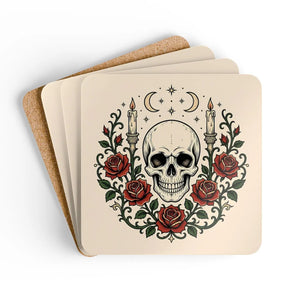 Skull & Roses Cork Coaster Set — Gothic Candle Altar Drink Protectors