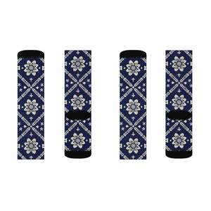 Navy Ikat Floral Sublimation Socks — Patterned Crew Socks