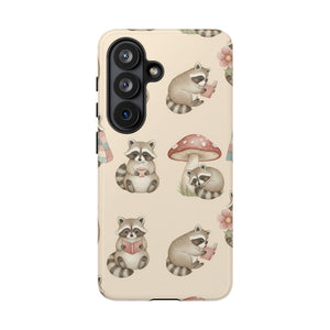 Cute Raccoon Pattern Phone Case – Beige Mushroom & Floral Tough Cases
