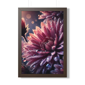 Chrysanthemum with dew drops framed vertical poster - posters