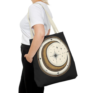 Celestial Crescent Moon Tote Bag – Vintage Starry Night AOP Canvas