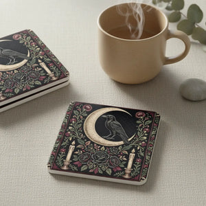 Moon raven cork coaster by DipaliZ with dark florals around a crescent