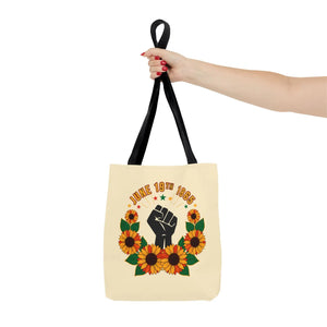 Juneteenth celebration tote bag – ’june 19th 1865’ sunflower & black power fist aop - bags