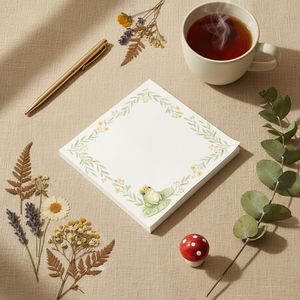 A square white notepad with a watercolor-style floral border in green and yellow, featuring a small frog illustration in the lower right corner, shown on a clean white background.