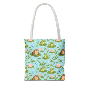 Frog Pond Pattern Tote Bag — Cute Lily Pad Frog All-Over Print Tote