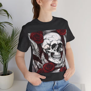 Ghoulish Skulls, Roses and feathers for Halloween concept, Unisex Jersey Short Sleeve Tee